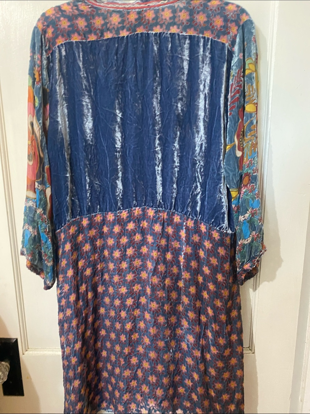 Johnny Was Navy Multicolor Embroidered Velvet-Panel Boho Long Sleeve Dress - Picture 9 of 13